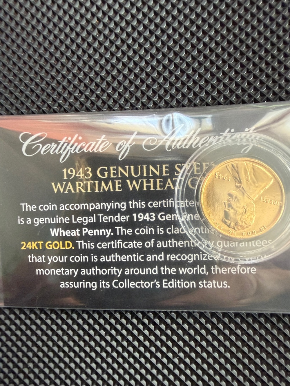 1943 Wheat Penny 24KT Gold Clad Collector Coin - Gold